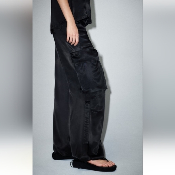 Zara Flowy Satin Cargo Pants Sz-M - Picture 2 of 15